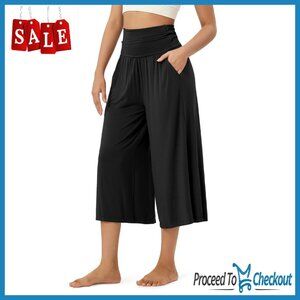 Wide Leg Cropped Pants with Pockets Comfy Lightweight Lounge Wear